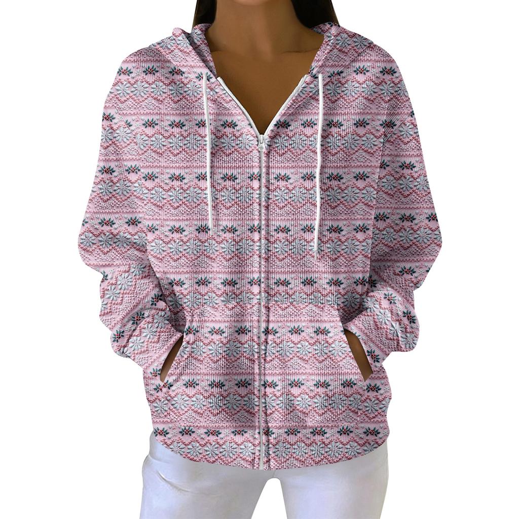 Sudadera con capucha de punto casual para mujer de moda con cremallera y manga larga con estampado navideño