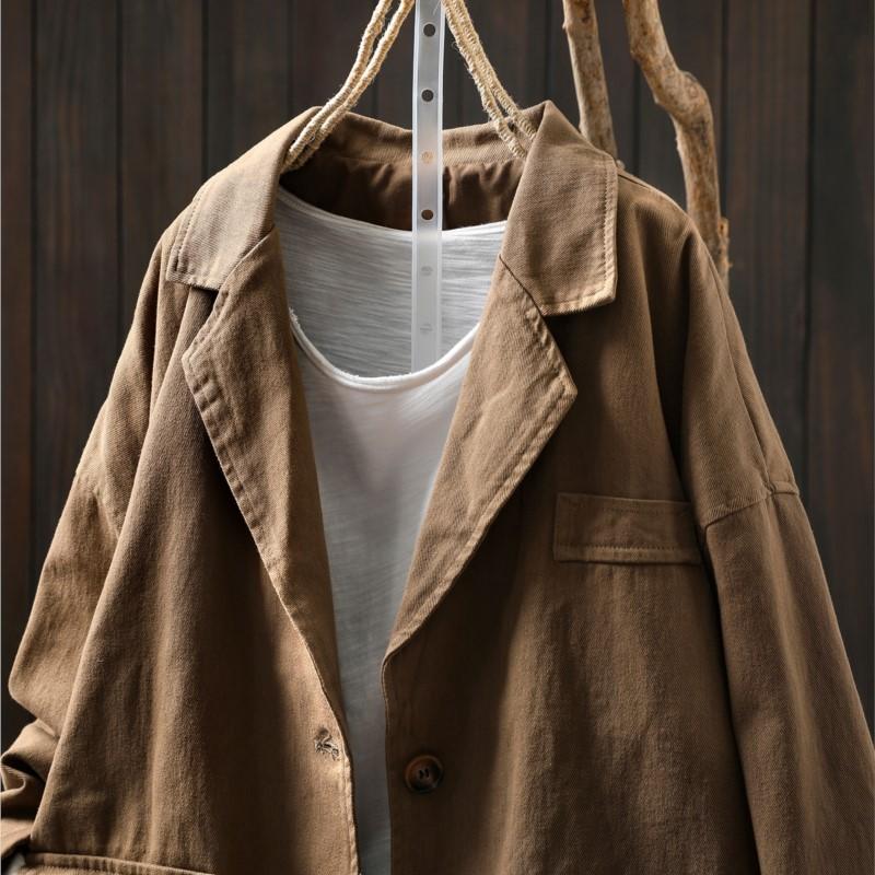 Johnature Women Vintage Jackets Solid Color Turn-down Collar Coats Autumn Button Pockets Loose Female Jackets