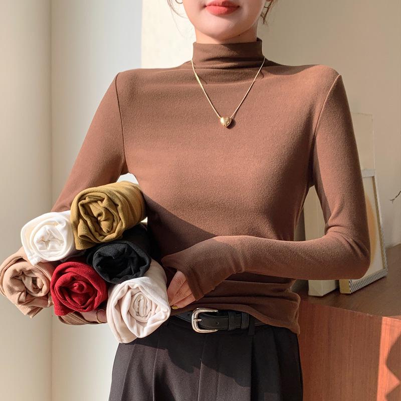 H679 Women's Slim Fit Half-High Collar Long-Sleeve Solid Color Warm Top for Autumn/Winter