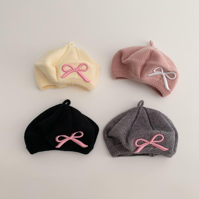 Girls Beret Embroidered Bow Baby Wool Knitted Hat Cute Children Winter Warm Baby Cap