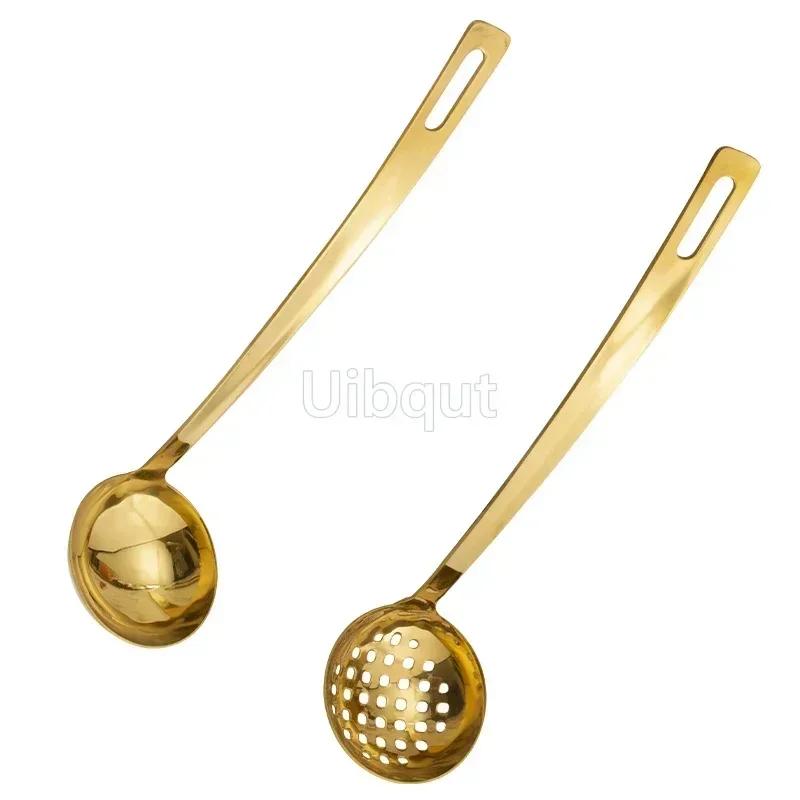 Leaky Stainless Steel Gold Plated Spoon Thickened Household Commercial Spoon Hot Pot Restaurant Ladle Cooking Soup Spoons