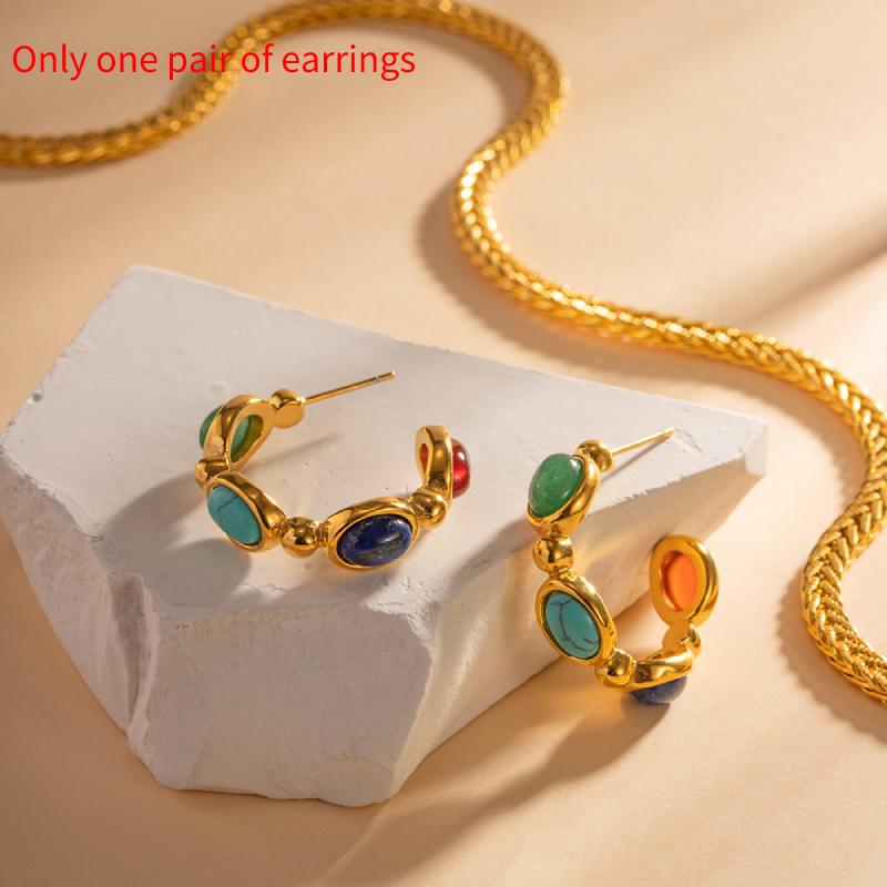 18k Gold Plating Stainless Steel Inlaid Natural Stone Cshaped Gift Earrings