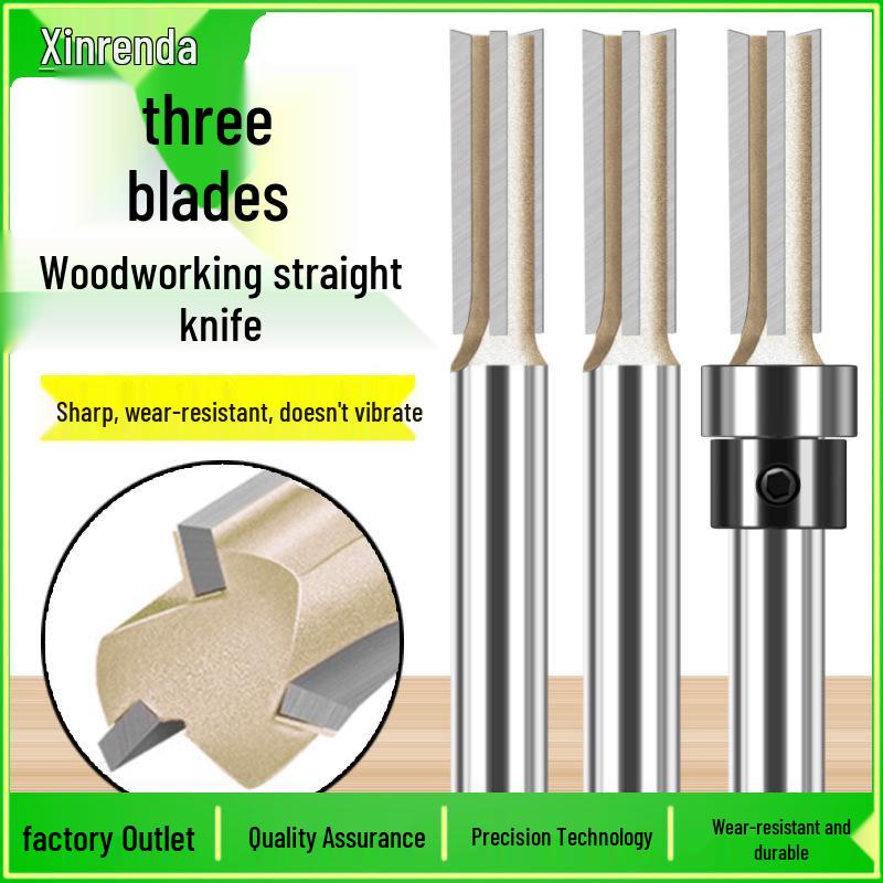 Pro Grade 3-Flute Straight Knife Grooving & Trimming Woodworking Cutter with Alloy Head & Bearing