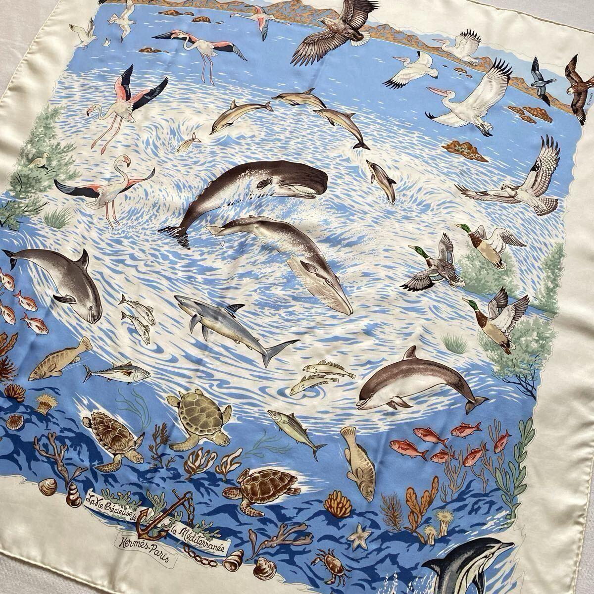 Used HERMES La Vie Prcieuse de la Mditerrane Hermes Precious Life of the Mediterranean Scarf Silk Carre 90 White Blue Large Vintage