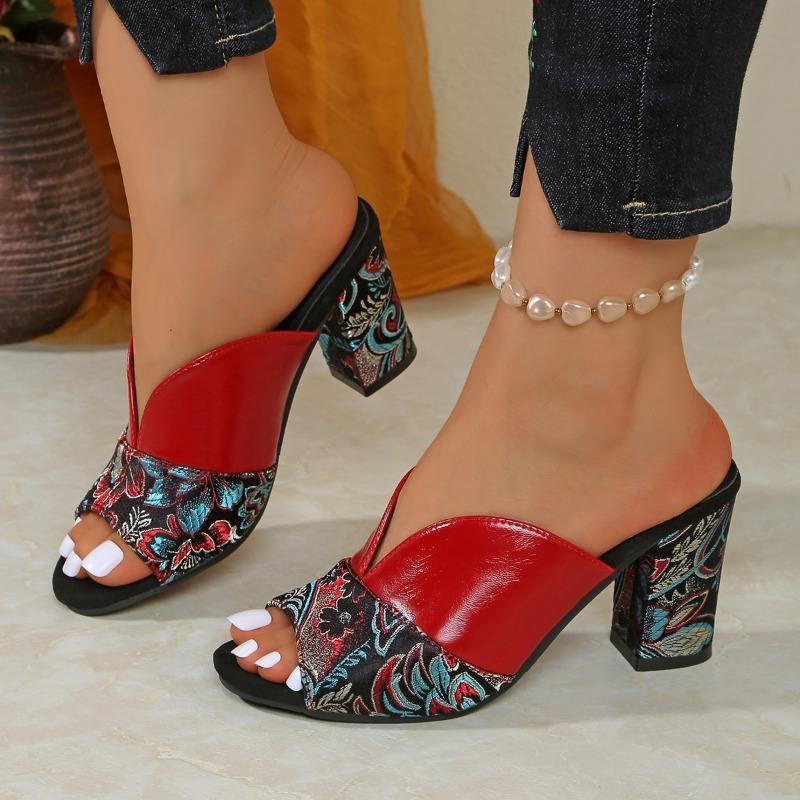 Women'S Floral High Heel Sandals - Red & Black Open-Toe Slip-On Platform Shoes with Thick Sole, Comfortable Fabric & Synthetic Cover for Casua