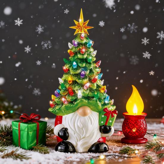 Lighted Christmas Gnome Tree 6" Resin Faceless Old Man Christmas Tree with Multicolored Lights