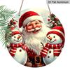 2D Flat 1pc Round Aluminum Hanging Sign, Vintage Santa Claus Two Snowmen Christmas Tree Metal Wall Decor, Xmas Winter Farmhouse Front Door Porch