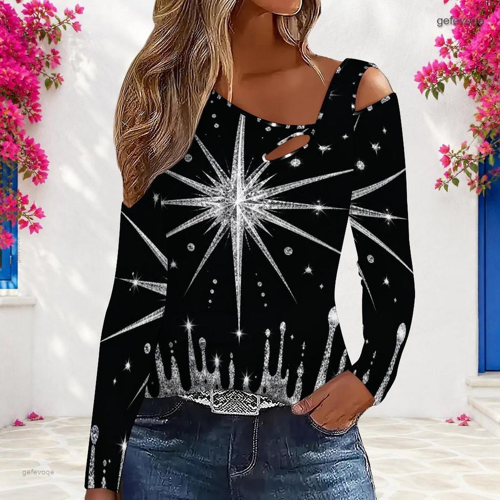 Women Plus Size Asymmetric Cutout Neck Cold Shoulder Long Sleeve Black Gold Printed Fitted Top