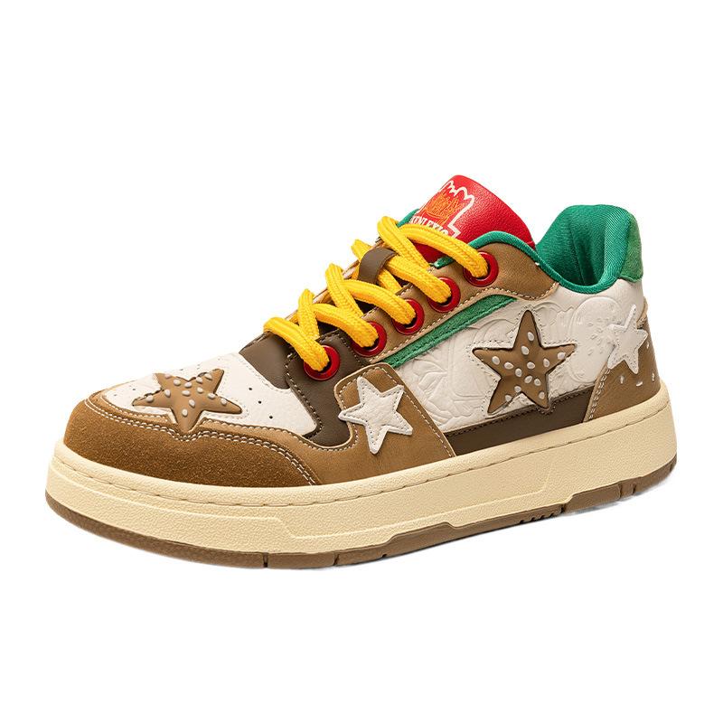 Guochao Niche Fries Burger Star Board Shoes Men's Versatile Campus Style Student Thick Sole Comfortable Shock Casual Shoes