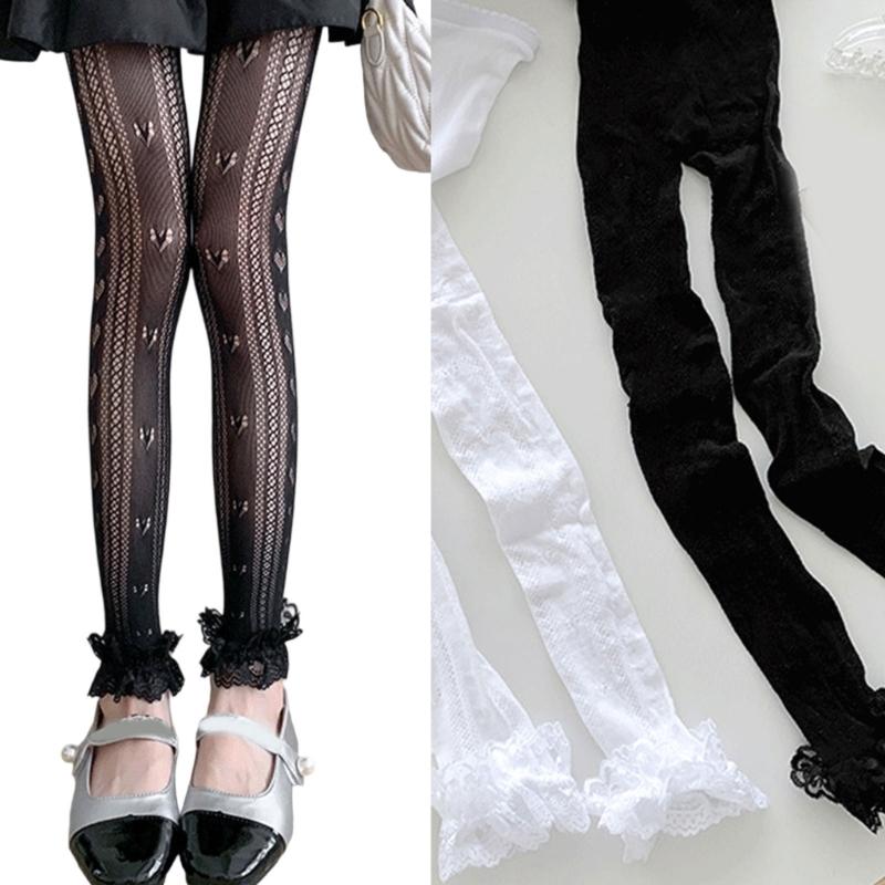 Women Hollowout Heart Pattern Fishnet Tights No Toes Pantyhose High Waist Footless Ruffle Lace Trim Leggings Stockings