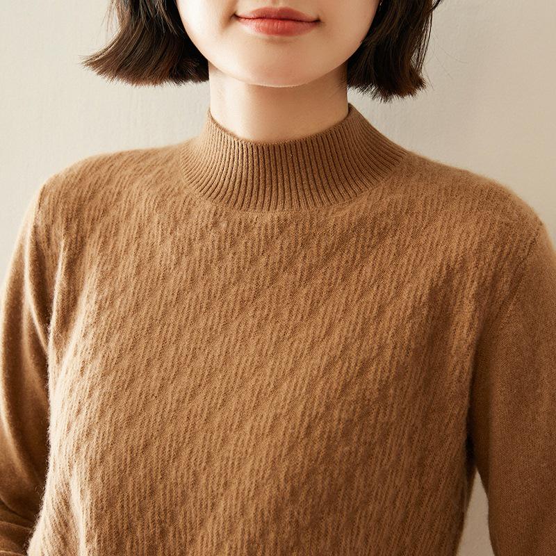 Women's Cashmere Half-High Collar Loose Knit Sweater - Autumn Winter Long Sleeve Pullover