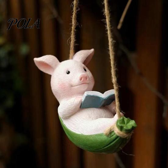 Waterproof Outdoor Ornament Hanging Resin Pig Figurine, Cute Piggy Lying in Hammock Reading Book Ornament, Animal Sculpture for Indoor Decor Wall