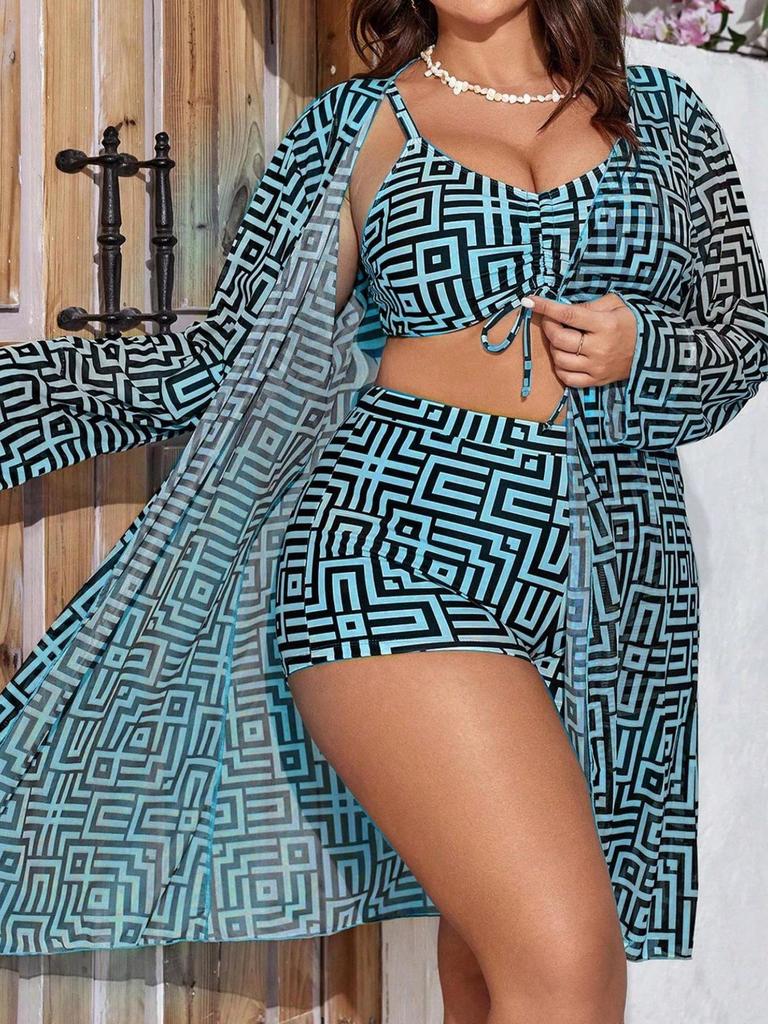 2025 New Plus Size Women's High-Waisted Three-Piece Split Bikini Swimwear