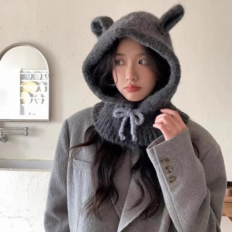 Cute Ears Balaclava Hat Scarf Integrated Red Knitted Hat Winter Warm Ear Protection Woolen Hat for Women