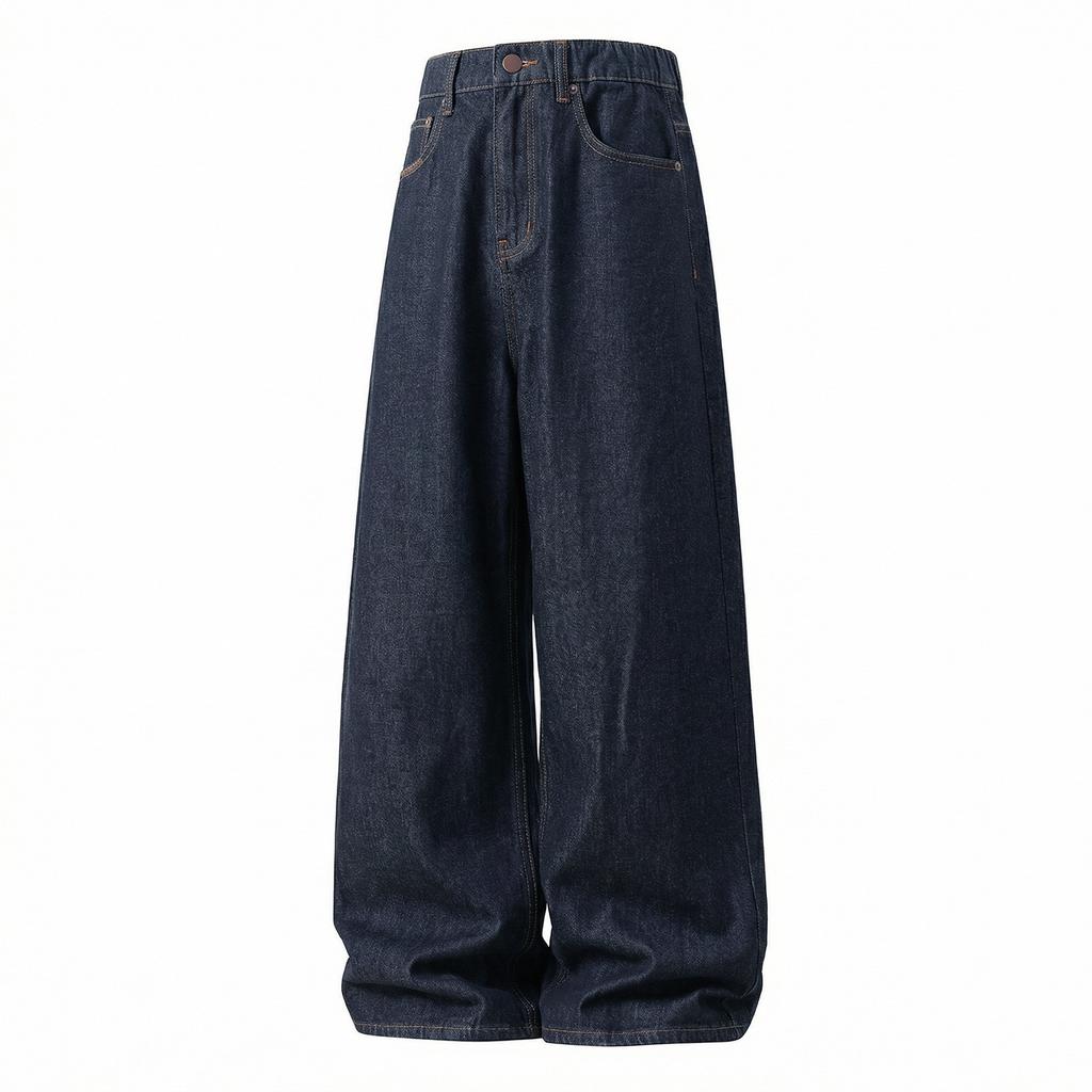 Jeans Larghi Straight Casual Lunghi Vintage Americani in Raw Denim con Cuciture a Contrasto per Uomo