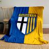 A shield logo with a black cross on white and yellow stripes on blue. for all seasons blanket lunch break throw gift