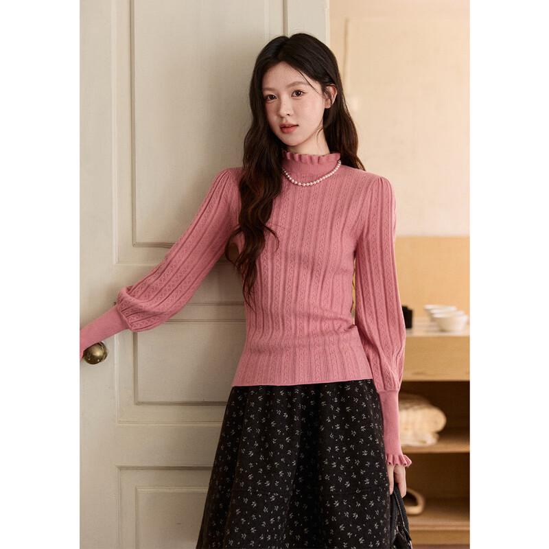 Women s Ruffle Trim Mock Neck Ribbed Knit Pullover S