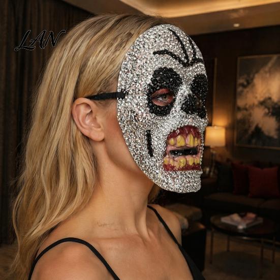 Sparkling Rhinestone Mask Halloween Skull Full Face Mask, Sparkly Masquerade Eye-catching Stage Prop for Party, Adjustable Strap Cosplay Women