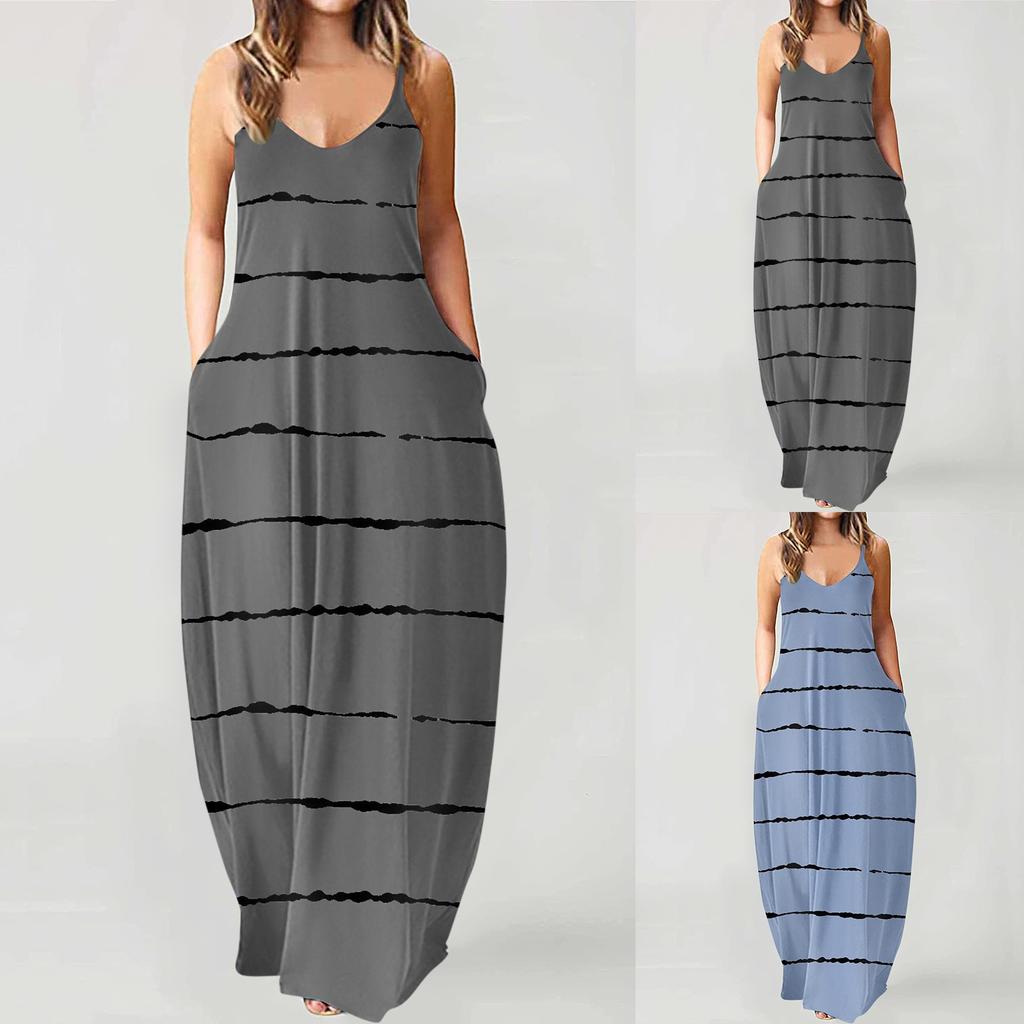 Women's Fashion Summer Casual Print V-Neck Sexy Sleeveless Dresses Long