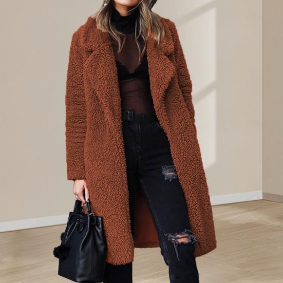 Winter Damen Jacke Doppelseitiges Fleece Umlegekragen Lange Ärmel Knielang Warm halten