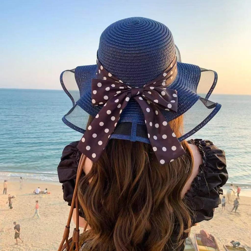 Summer French Big Brim Sun Hat Women's Fashion Ins Seaside Sun Protection Straw Hat Pastoral Pearl Face Small Sun Hat
