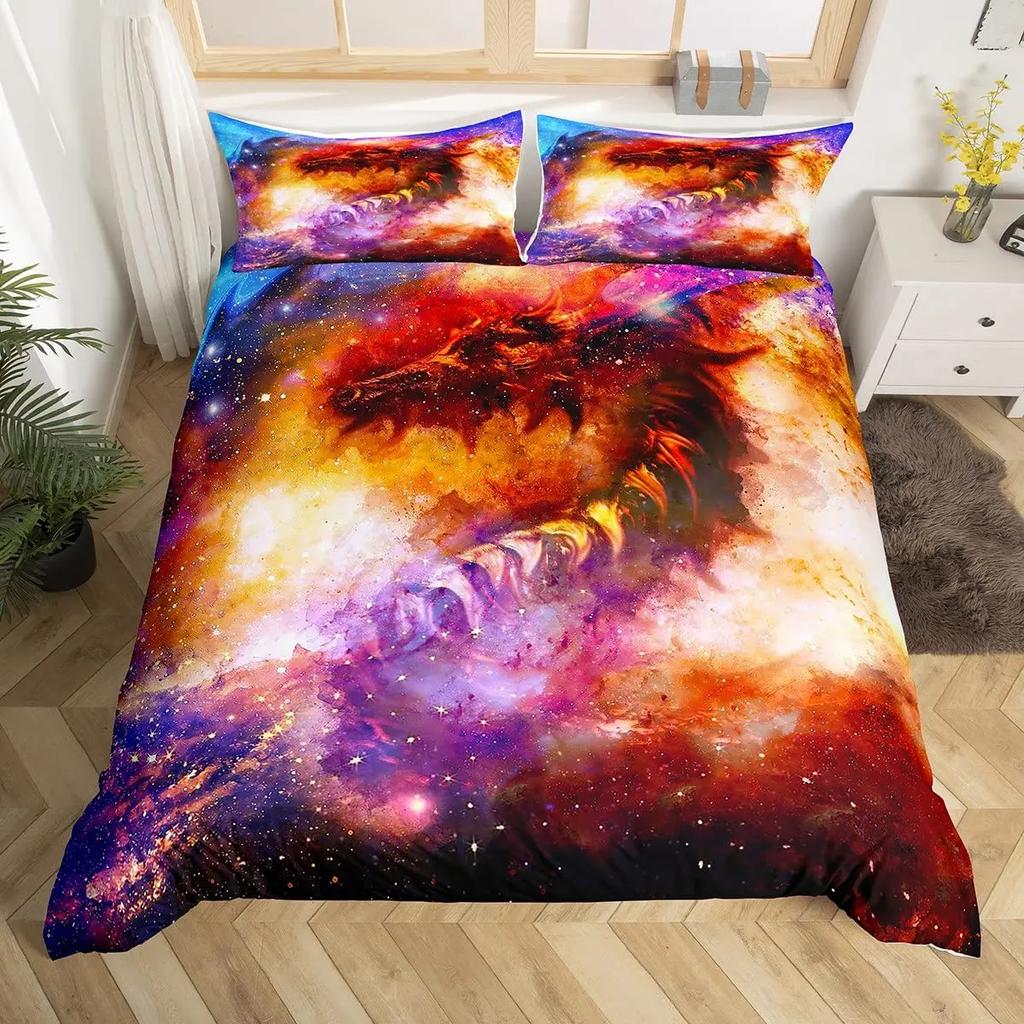 Galaxy Dragon King Queen Duvet Cover Outer Space Starry Sky Bedding Set Jungle Animals Quilt Cover Cartoon Black Comforter Cover