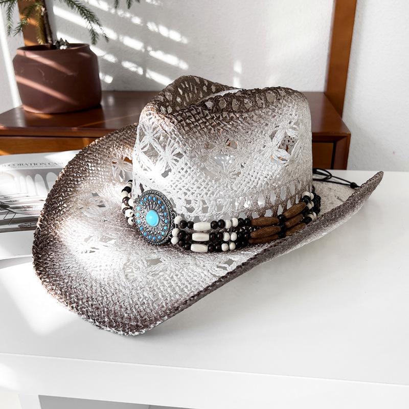 Hollowed-out straw knight hat for women, summer ethnic style sun protection hat, western cowboy straw hat, men's sun hat