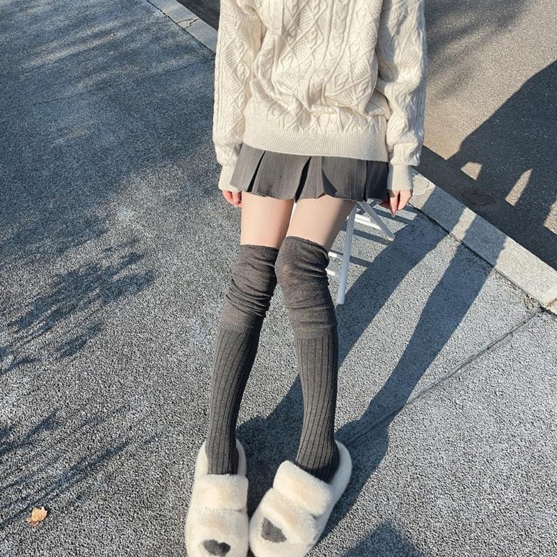 Japanese Women Elastic Over Knee Socks Student Slouch Top Rib Knit Long Stocking