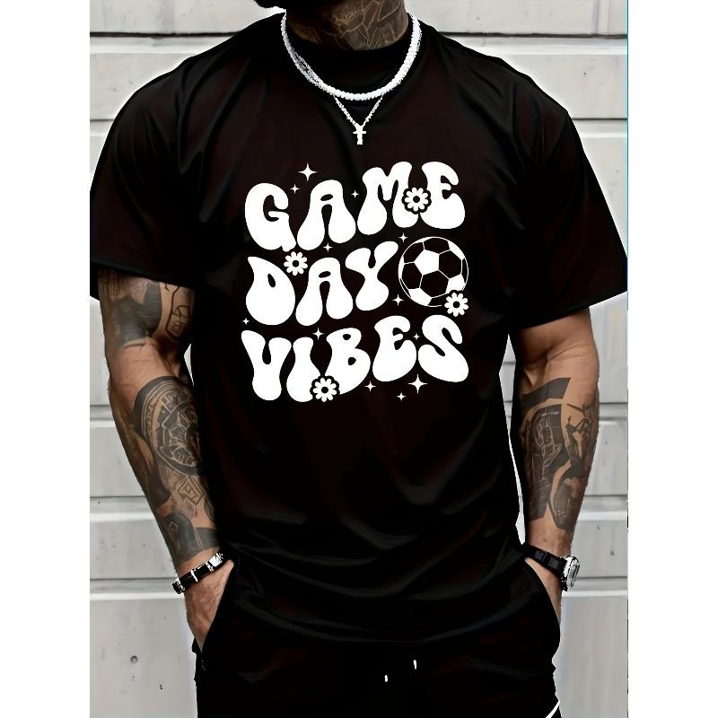 European Sizes Groovy Soccer Game Day Vibes Men's T-Shirt, Artistic Graphic Tee Crew Neck Regular Fit Short Sleeve