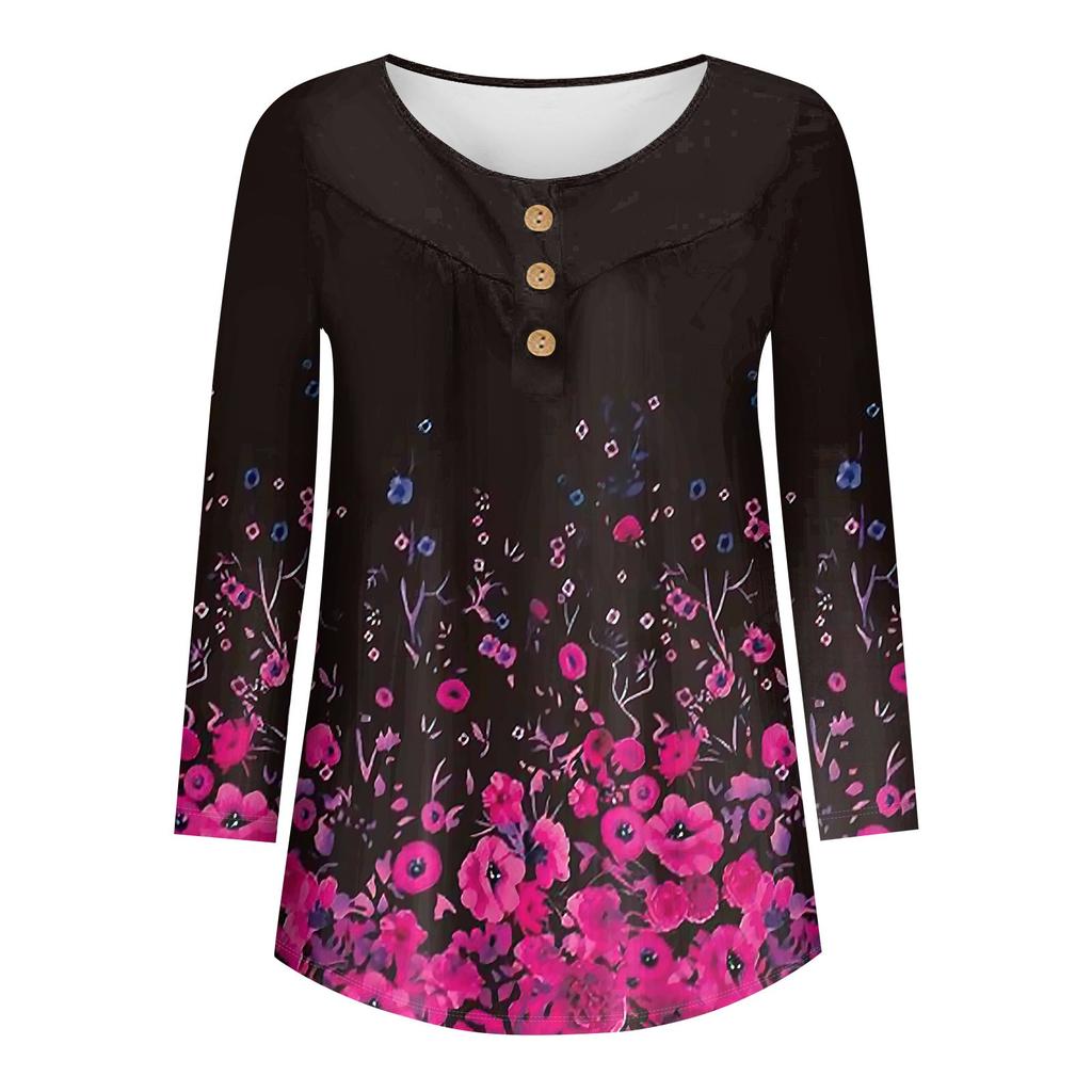 Letné dámske módne ležérne tričko s 3/4 rukávom, gombíkmi, potlačou a okrúhlym výstrihom