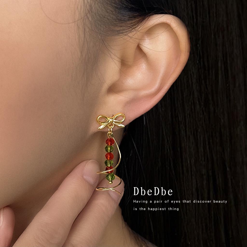 Gold Plated Christmas Tree Beaded Ear Clips - Handmade Bow Design for Non-Pierced Ears