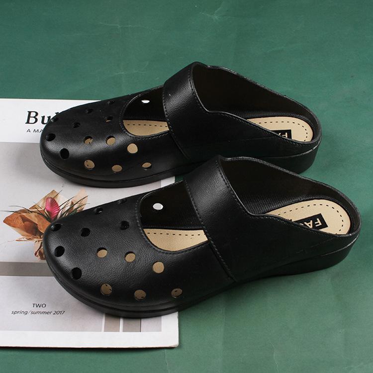 Heli Shark's New Fashion Bag Head Hollow Hole Shoes Flat Women's Spring and Summer Home Wear Casual Half Slippers