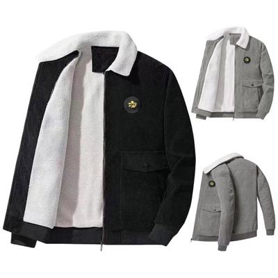 Men Jacket Lapel Long Sleeve Plush Lining Coat with Flap Pockets Full Zipper Closure Solid Color Thickened Warm Corduroy Outwear