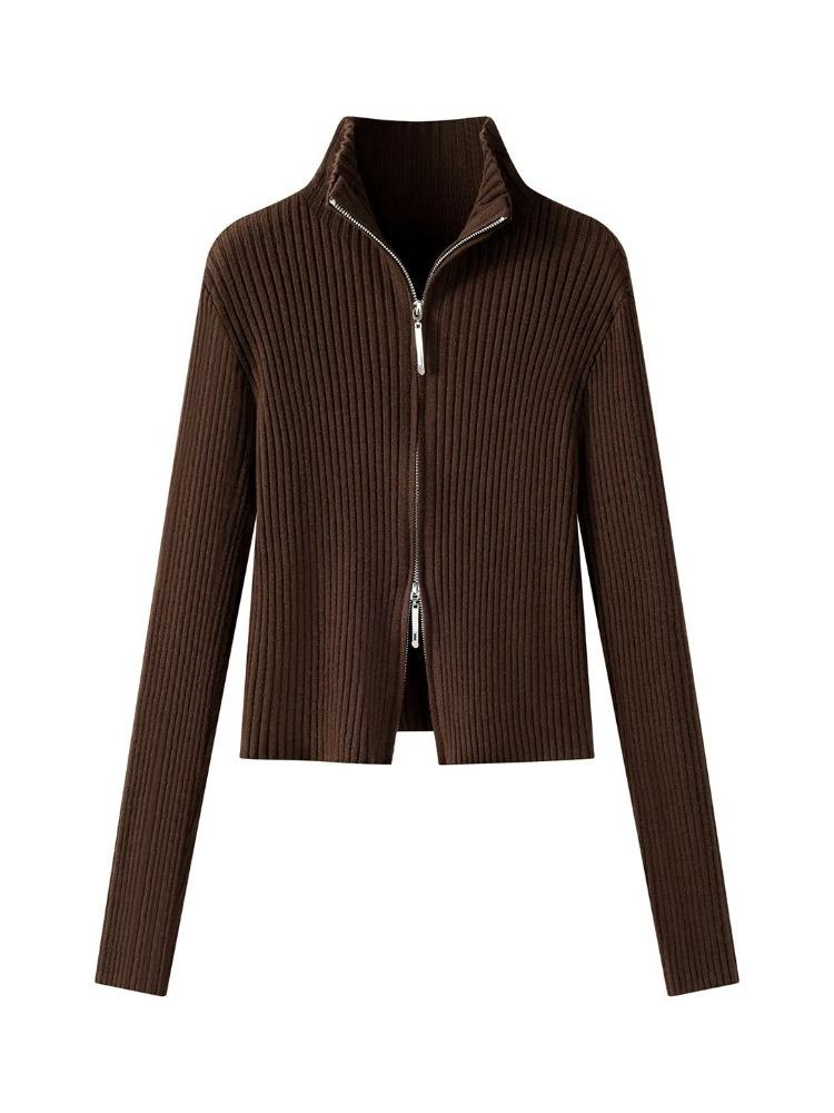 Women's Autumn Winter Knit Cardigan Versatile Office Slim Flattering Cropped Zip-Up Sweater Korean Long Sleeve Outerwear