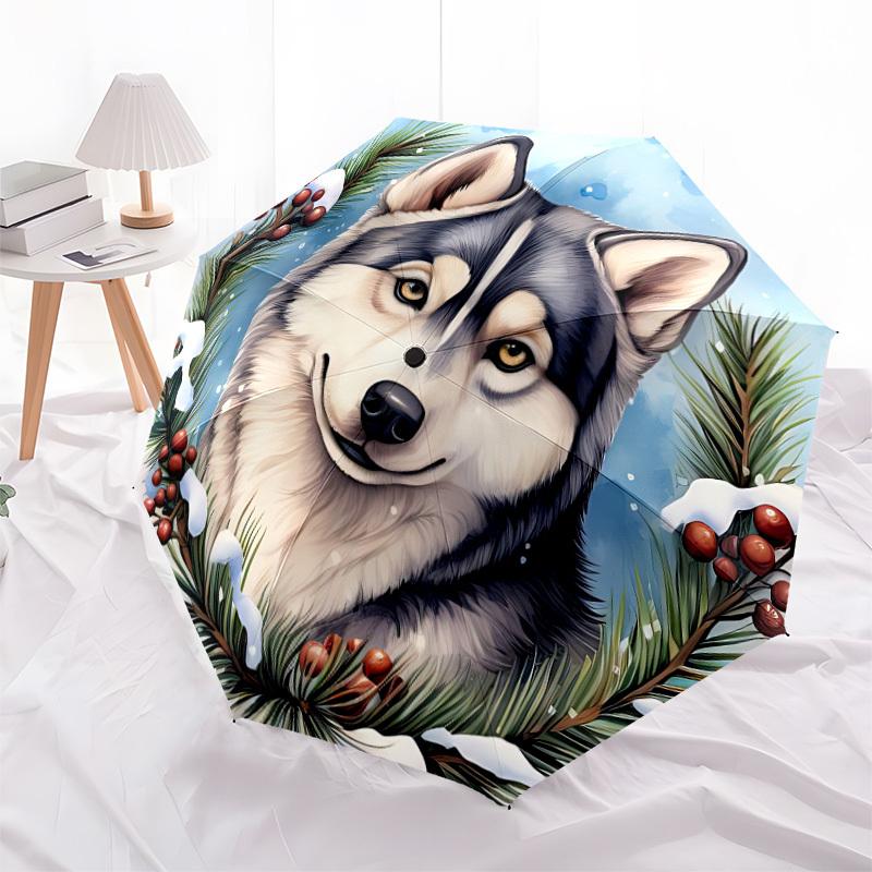 1pc Winter Wolf Automatic Opening/Closing Folding Umbrella with 8 Ribs, Plastic Handle, Windproof Portable Sunshade Umbrella yy251222213