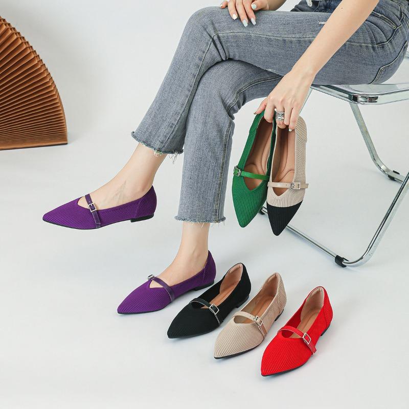 Women Mary Jane Shoes Pointed Toe 2026 Spring Shallow Cross Strap Women Dress Shoes Breathable Knitted Mid-heel Shoes Ladies