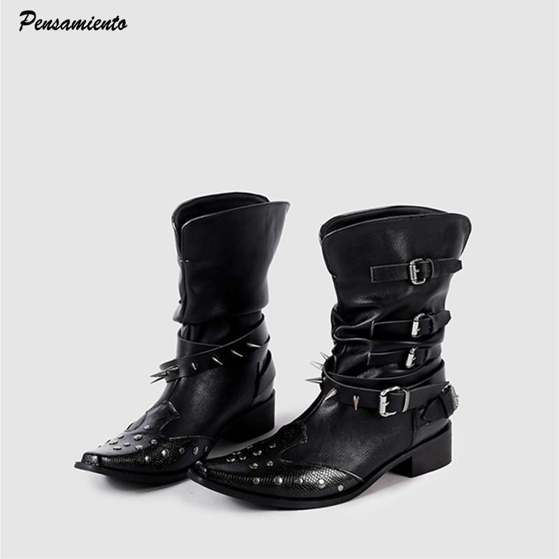 Punk Rivet Spike Patent Leather Women Motorcycle Boots Autumn Winter Thick High Heels Western Chunky Boots Shoes Booties
