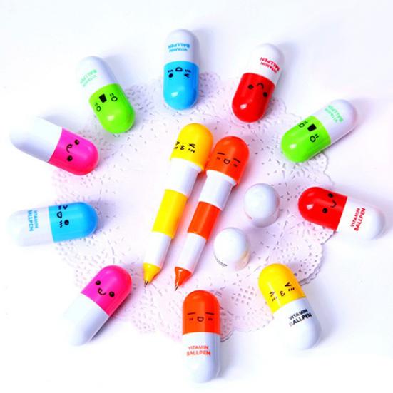 6 Pcs Cute Smiling Face Pill Ball Point Pen Telescopic Vitamin Capsule Ballpen