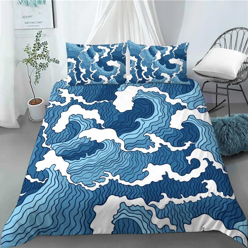 3D Japanese Wave Pattern Duvet Cover Set Fashion Polyester Quilt Cover With Pillowcase For Children Women Home Room Decor Gifts