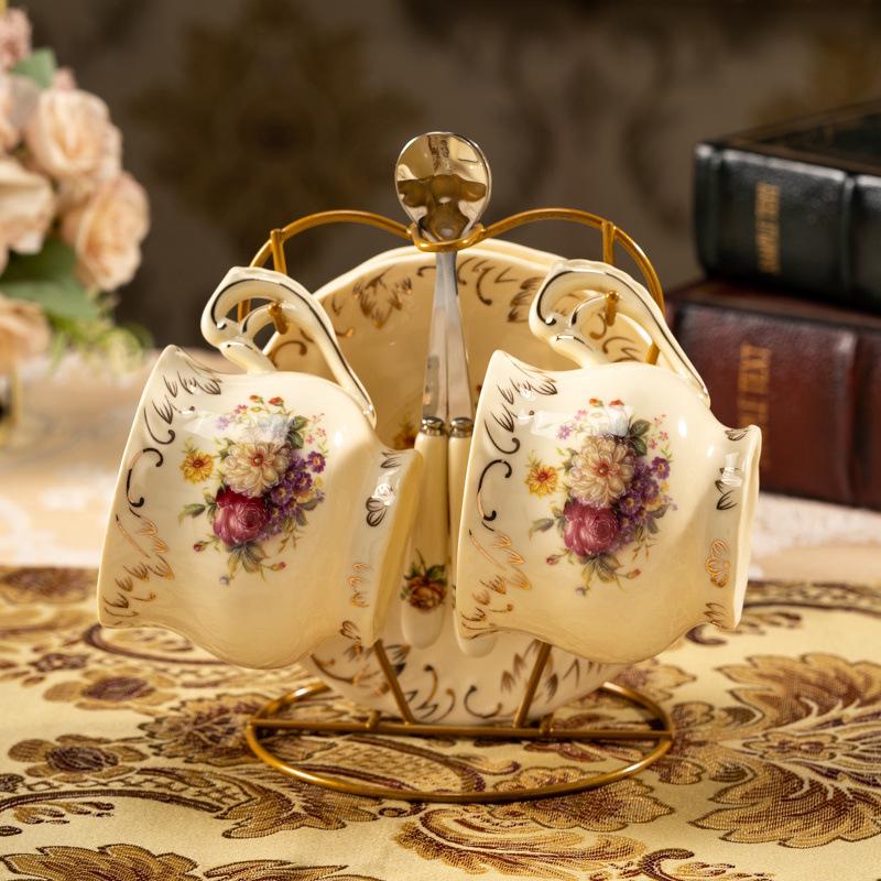 European Floral Tea Cup & Saucer Set with Gold Rim - Light Luxury Afternoon Tea Set for Home Use