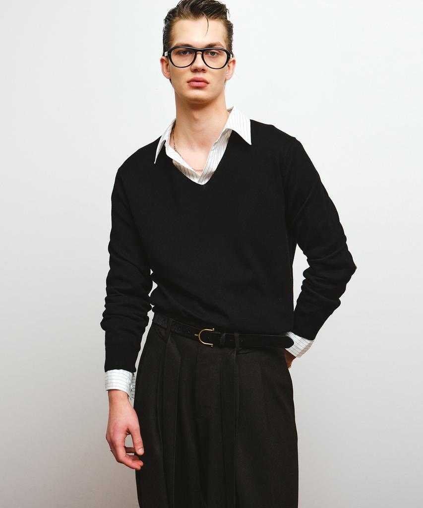 NOIRER Silk Wool Blend Deep V-Neck Knit (Black)