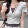 Summer Ins Pure Desire Sexy Fake Two-piece Button V-neck Short-sleeved T-shirt Slim and Thin Bottom Short-sleeved Women's T Tide