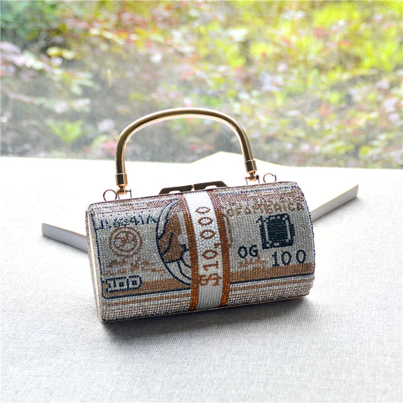 2025 Luxury Full Diamonds Dollar Stack Cash Evening Handbags Women Rhinestone Wedding Party Clutch Bag Metal Chain Shoulder Bag
