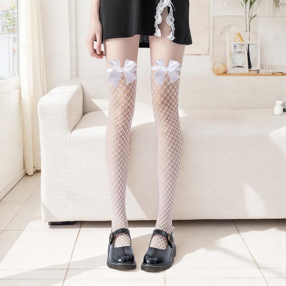 Women's Sweet Bow Fishnet Over-the-Knee Socks, Openwork Jacquard, Thin Summer Stockings, Anti-Ladder, Large Mesh