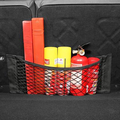 Auto-Aufbewahrungsnetztasche: Kofferraum-Organizer mit Halterung zur Feuerlöscherbefestigung und elastischer Klettverschluss-Aufbewahrung