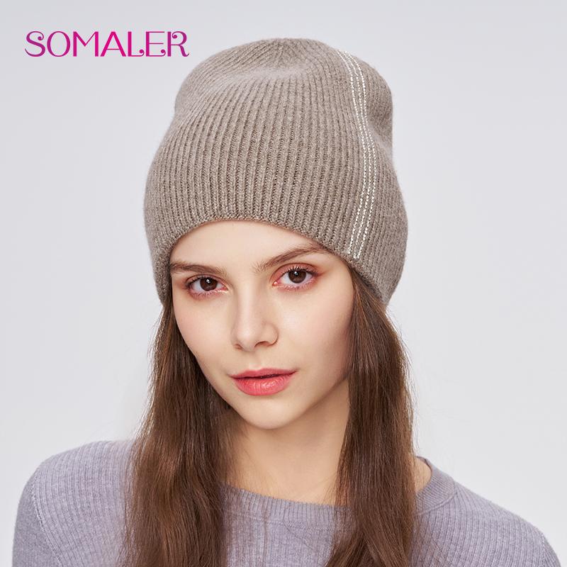 SOMALER Damen Winter Wollmütze Hochwertige Wolle Strickmütze mit Strass Dick Warm Doppellagig Outdoor Skull Caps