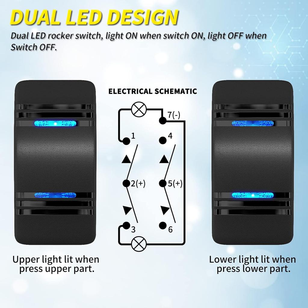 Joinfworld Marine Rocker Switch 12V 20A 3 Position ON Off ON DPDT 7 Pin 3 Way Rocker Switch Toggle Waterproof Blue LED Light With Jumper Wire For