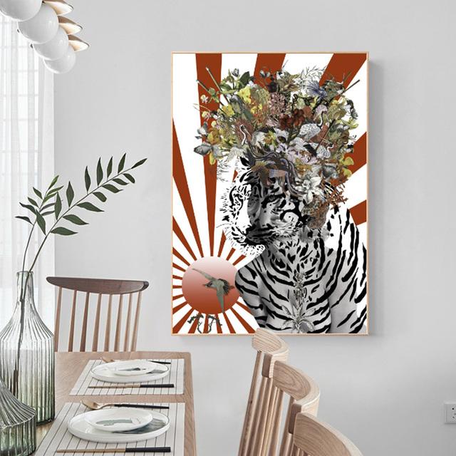 Wall Art Abstract Animal Zebra Lion Bird Butterfly Feather and Sexy Women Face Canvas Painting Wall Pictures for Room Decoration No Frame