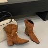 2025 new retro square head thick heel simple British style fashion versatile metal button Martin boots women
