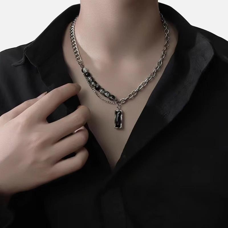 Unisex Black Stone Pendant Necklace Trendy Layering Necklace Titanium Steel Jewelry Perfect for Casual or Formal Outfits